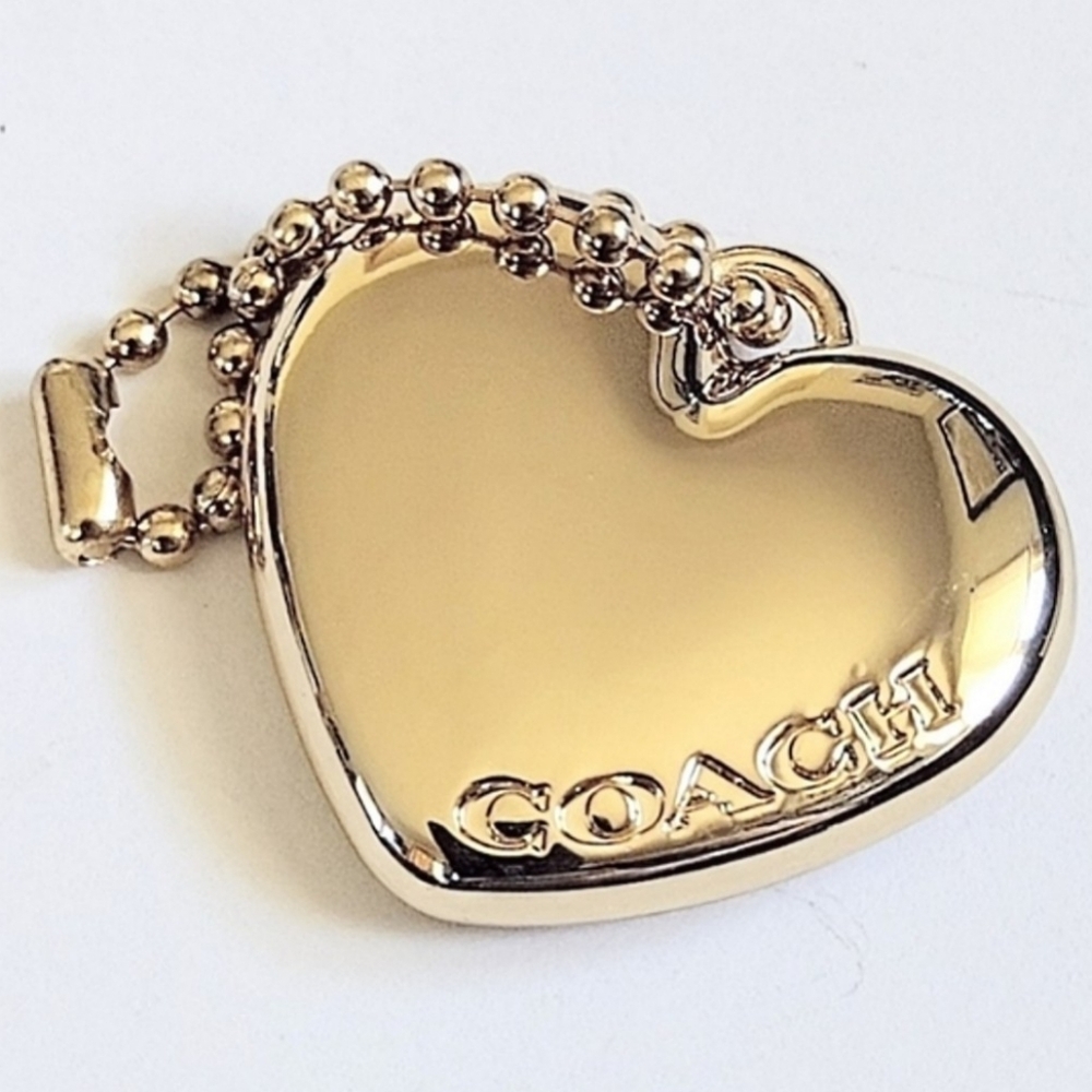 💛 Coach 2" Light Gold Solid Brass Metal Hangtag Bag Fob Puff Heart Charm RARE - Picture 3 of 6